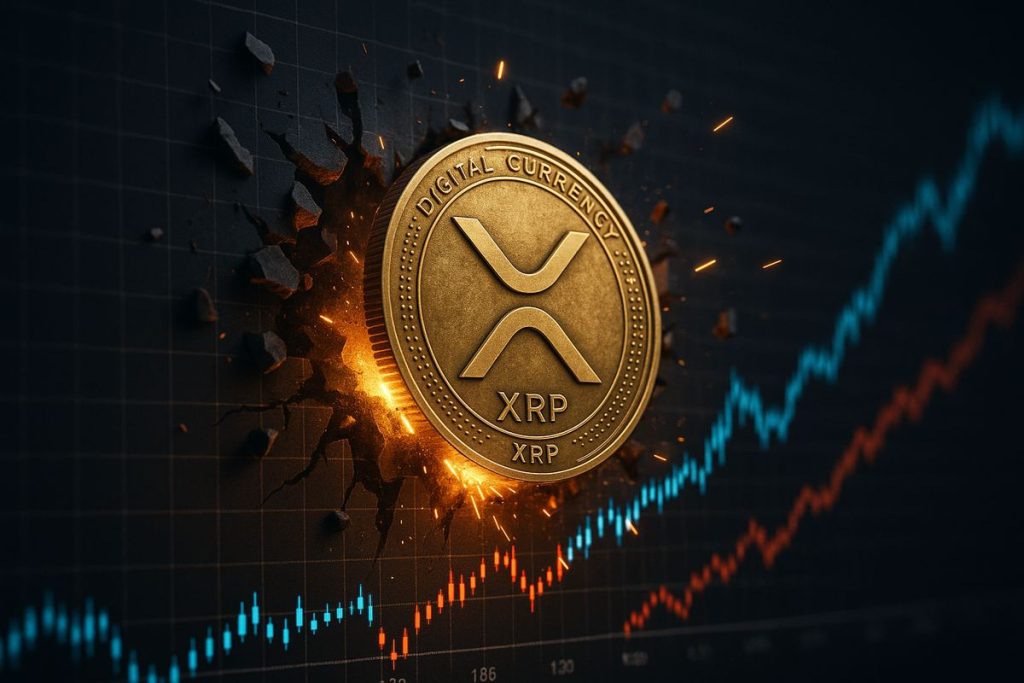 XRP coin breaking through a digital chart barrier