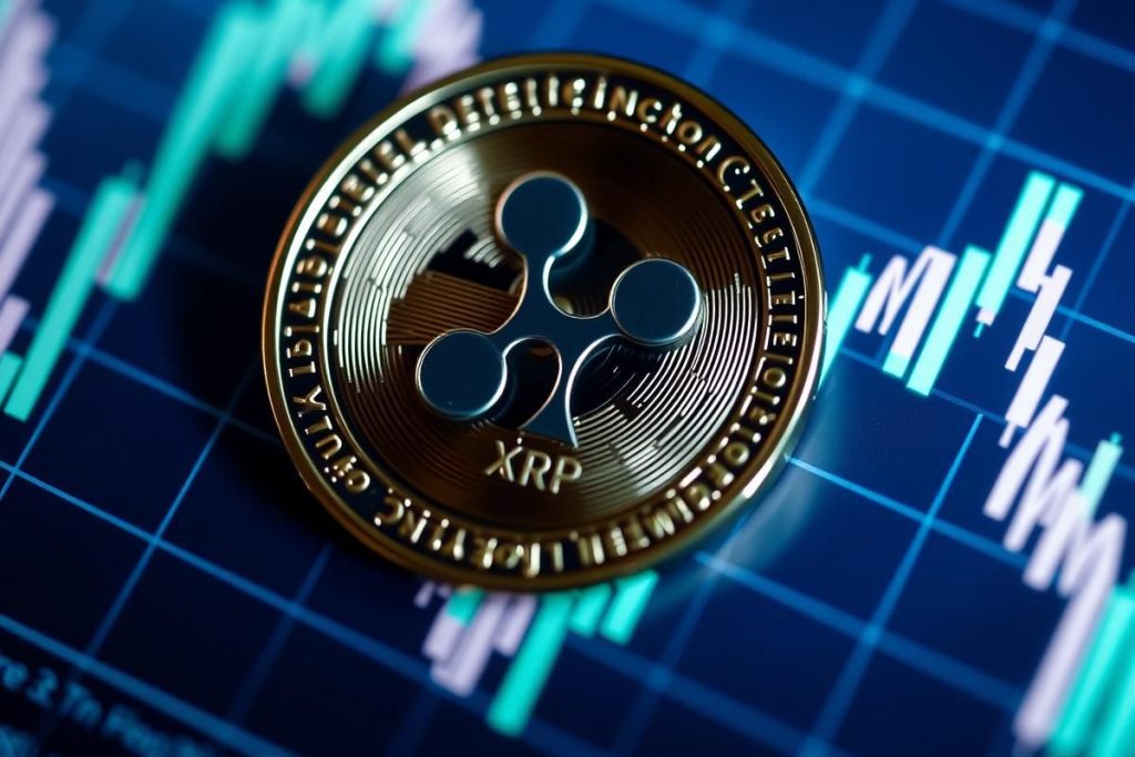 เหรียญ XRP เรืองแสงวางอยู่บนกราฟราคาที่กำลังพุ่งขึ้น แสดงถึงการคาดการณ์ราคาในอนาคต