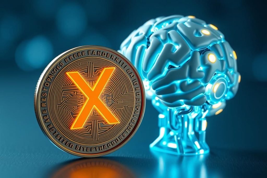 ภาพเหรียญ XRP เรืองแสงข้างสมองกล AI แสดงถึงการทำนายราคา XRP โดยปัญญาประดิษฐ์