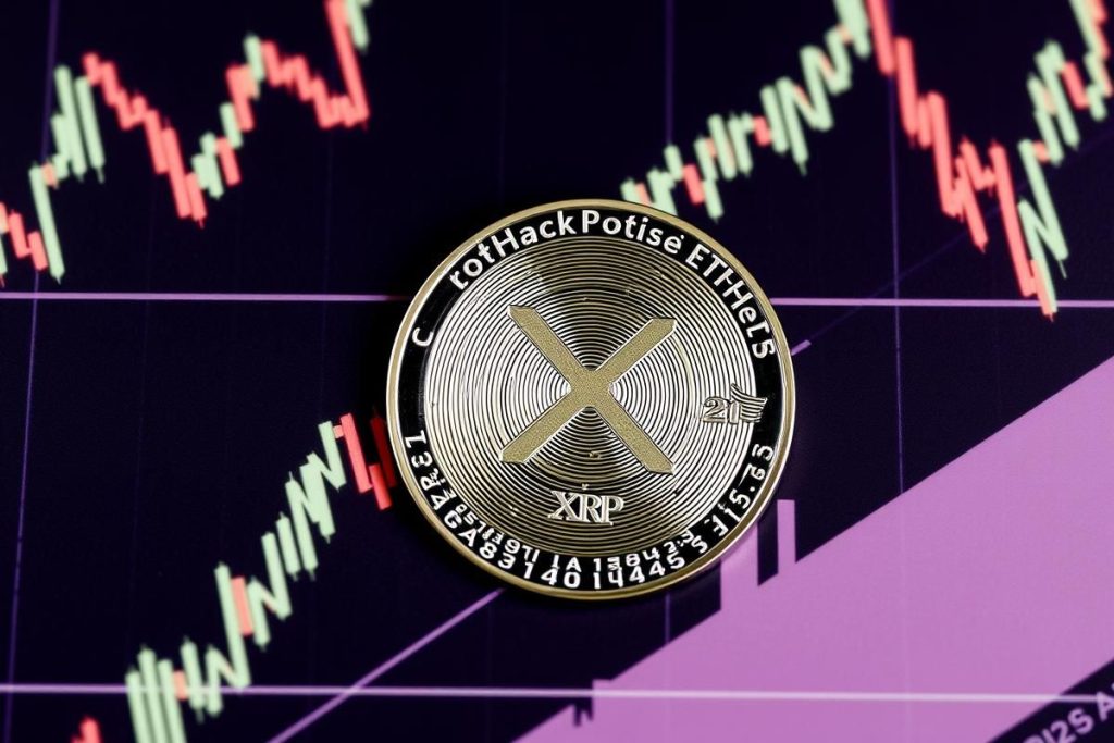 เหรียญ XRP วางคู่กับโลโก้ BlackRock บนพื้นหลังกราฟราคา สะท้อนข่าวการลงทุนใน XRP
