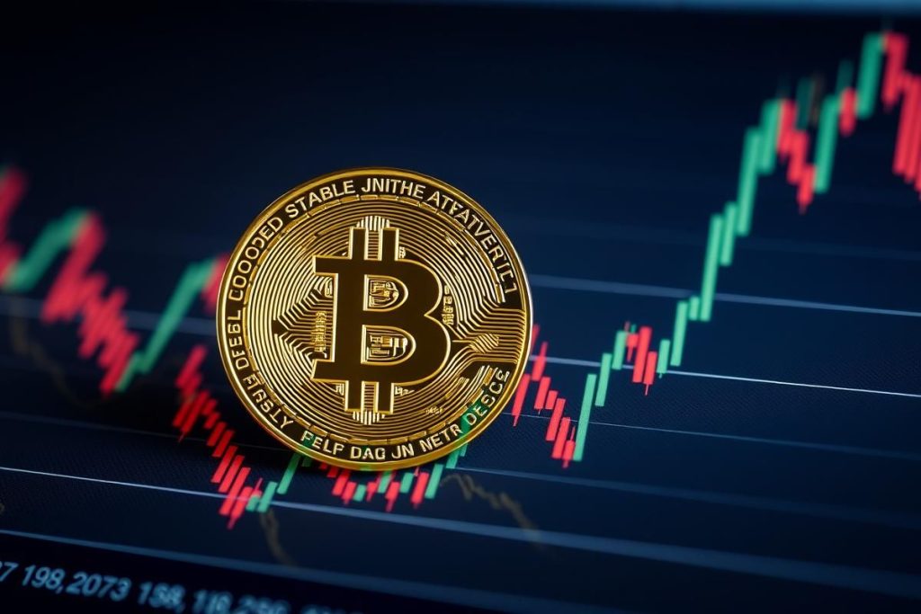 กราฟราคา Bitcoin แสดงความผันผวนสูง พร้อมเหรียญ Bitcoin