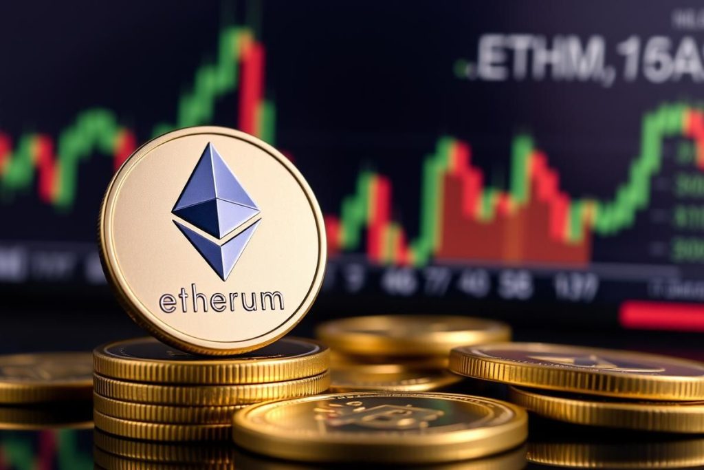 เหรียญ Ethereum วางคู่กับป้ายตลาดหุ้นที่แสดงสัญลักษณ์ ETHM ของ Ether Machine
