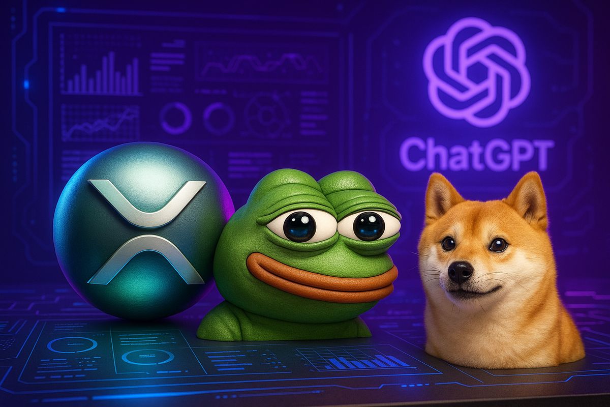 ภาพเหรียญ XRP, Pepe และ Shiba Inu บนหน้าจอข้อมูลแห่งอนาคต