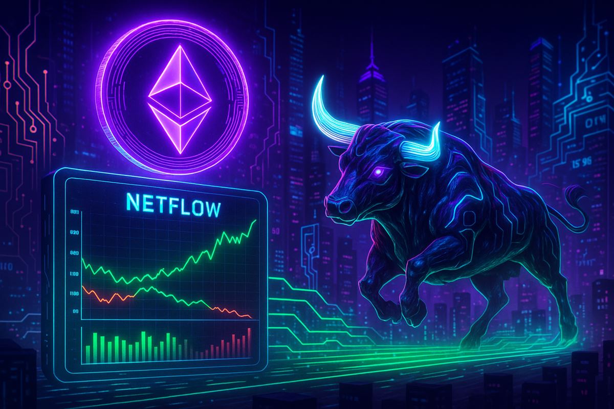Ethereum เรืองแสงสีม่วงเหนือกราฟ Netflow พร้อมกระทิงไซเบอร์พุ่งในเมืองดิจิทัล สื่อถึงแนวโน้มตลาดกระทิงคริปโต