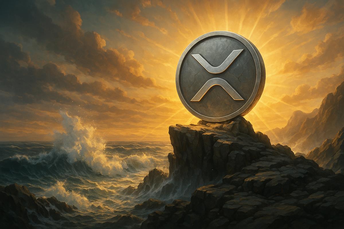 XRP โลโก้สีเงินตั้งตระหง่านบนหน้าผา รุ่งอรุณทะเลคลื่นซัด แสงอาทิตย์ส่องสว่างด้านหลัง