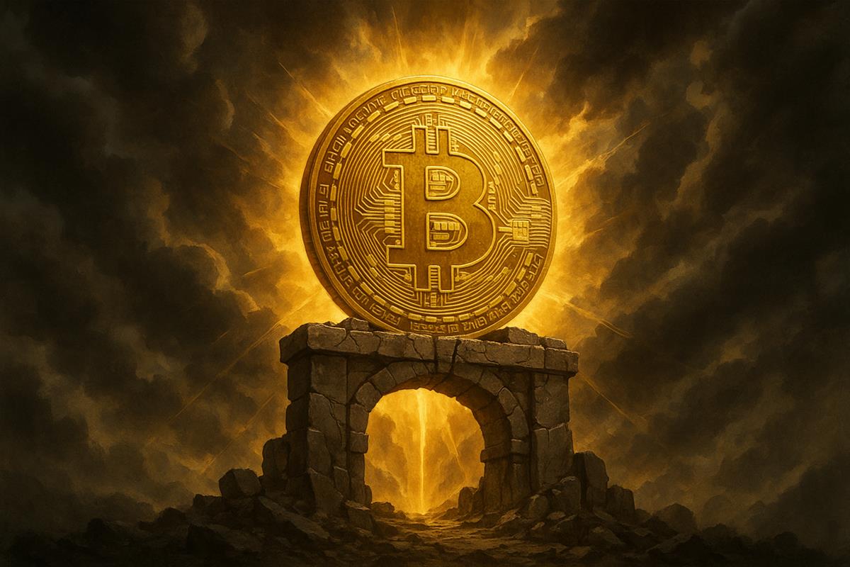 Bitcoin ทองยักษ์ตั้งบนซุ้มประตูหินแตก แสงทองส่องทะลุท้องฟ้ามีเมฆพายุ