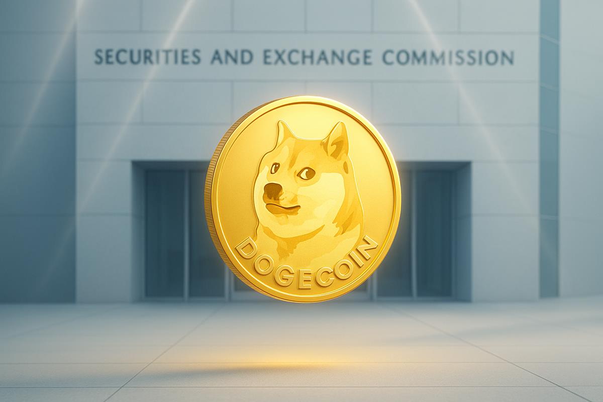 Dogecoin สีทองลอยหน้าอาคาร SEC สหรัฐฯ