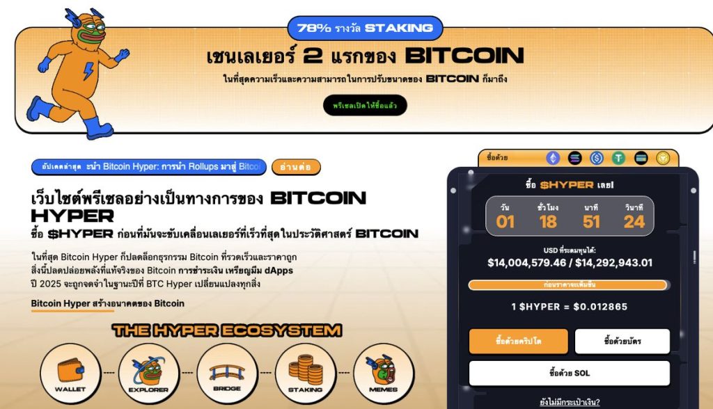 Bitcoin Hyper ระดมทุนได้ 14 ล้านดอลลาร์สหรัฐฯ