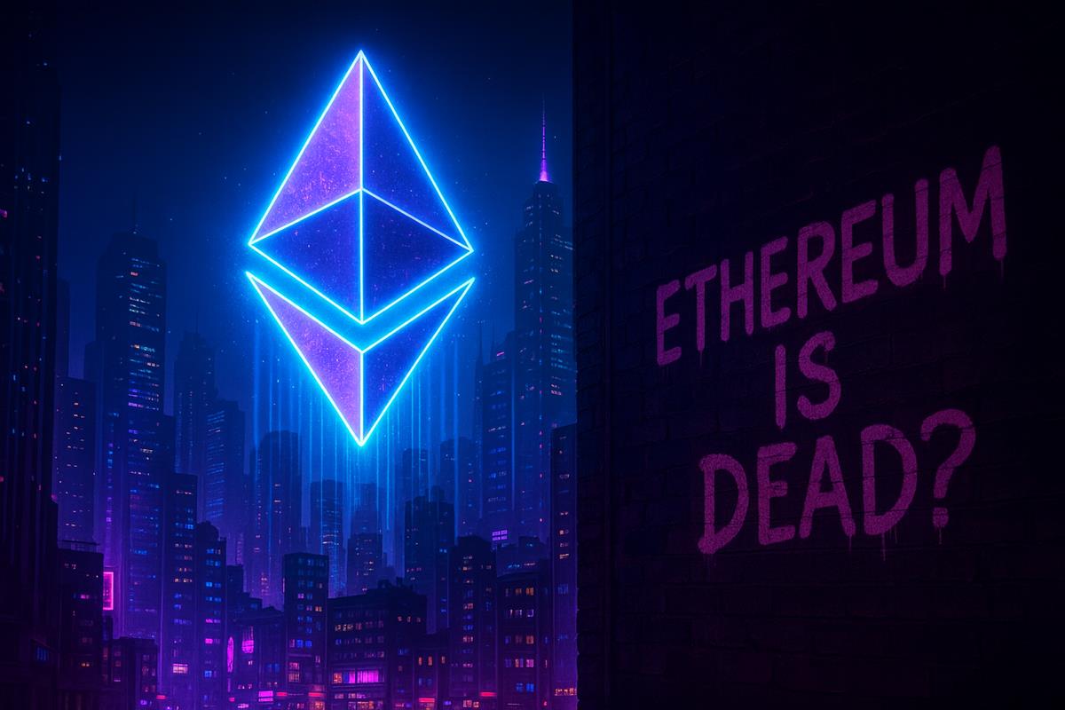 Ethereum โลโก้ส่องแสงเหนือเมืองนีออน พร้อมกราฟฟิตี "Ethereum is Dead?