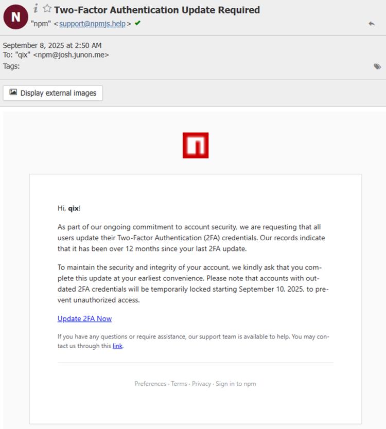 อีเมลแจ้งเตือนอัปเดต Two-Factor Authentication NPM