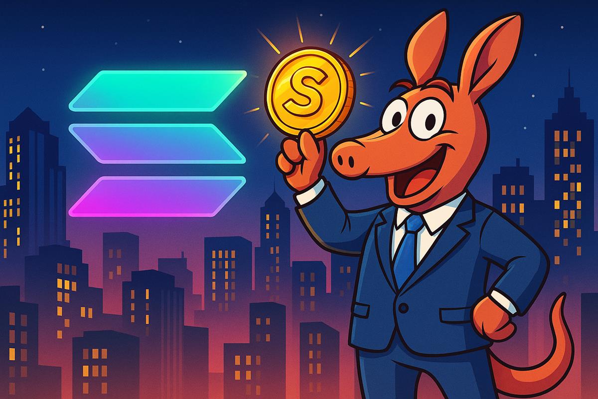 Aardvark มาสคอตถือ Snorter Token เคียงข้างโลโก้ Solana