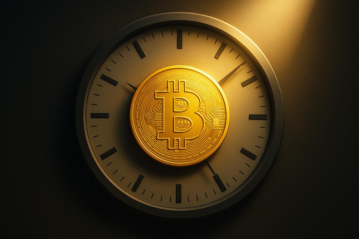 Bitcoin สีทองวางอยู่กลางนาฬิกา