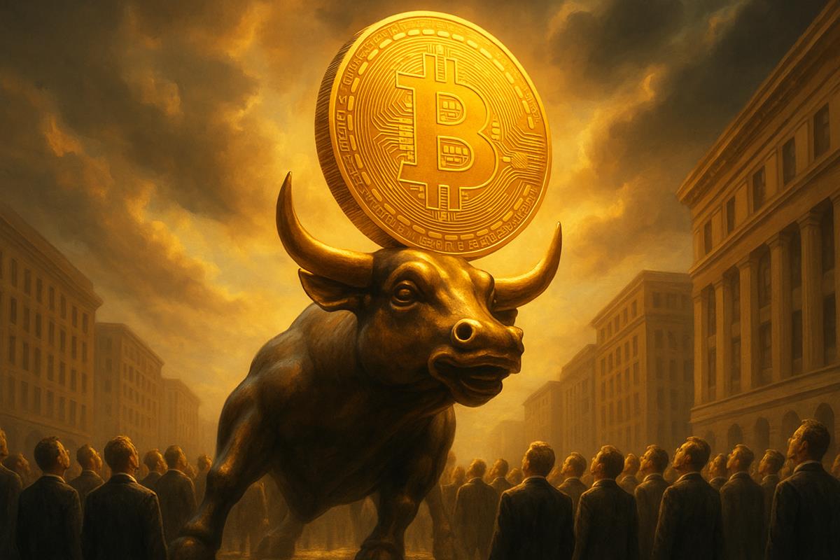 กระทิงวอลล์สตรีทยกเหรียญ Bitcoin ทองยักษ์เรืองแสง