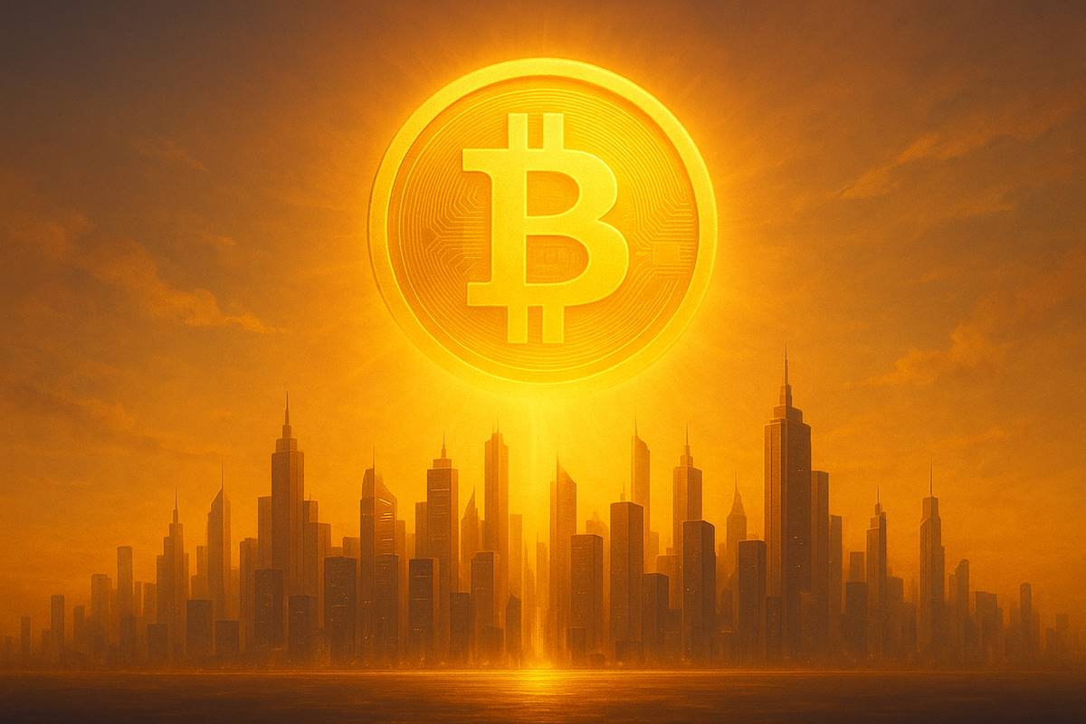 Bitcoin เปล่งแสงดุจพระอาทิตย์เหนือเมืองอนาคต