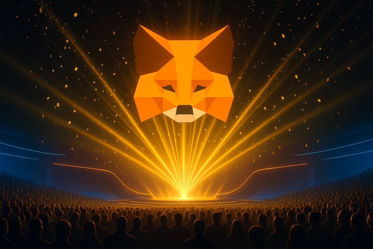 MetaMask โลโก้เรืองแสงบนเวทีอนาคต พร้อมแสงทองสื่อ Airdrop