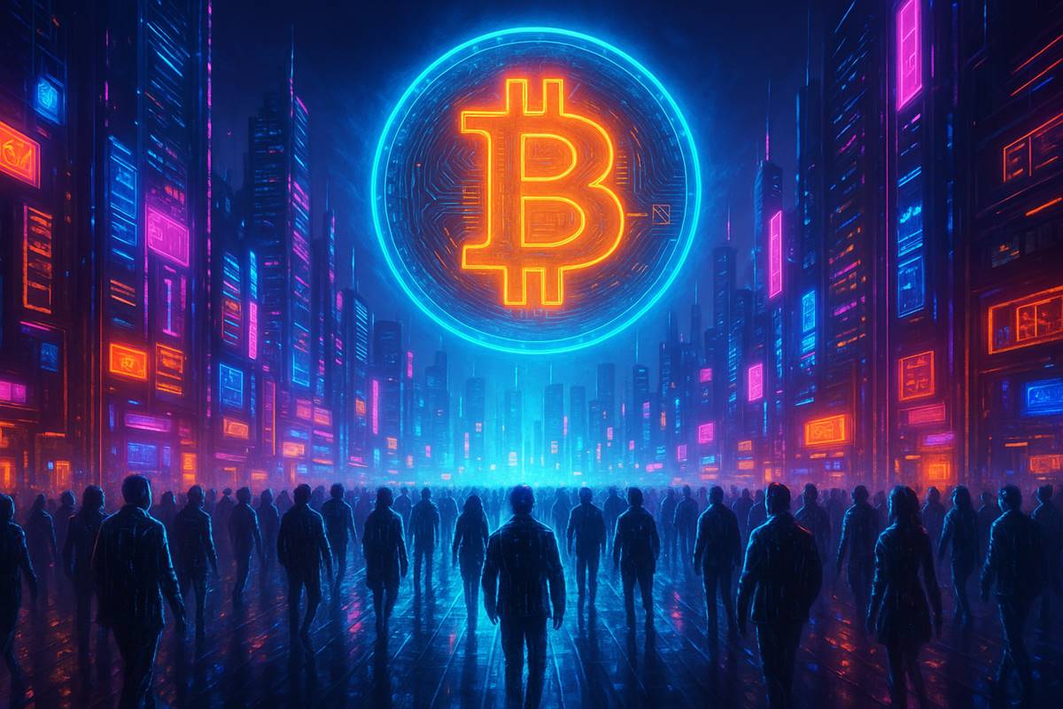 เมืองไซเบอร์พังค์อนาคตกับสัญลักษณ์ Bitcoin เรืองแสง