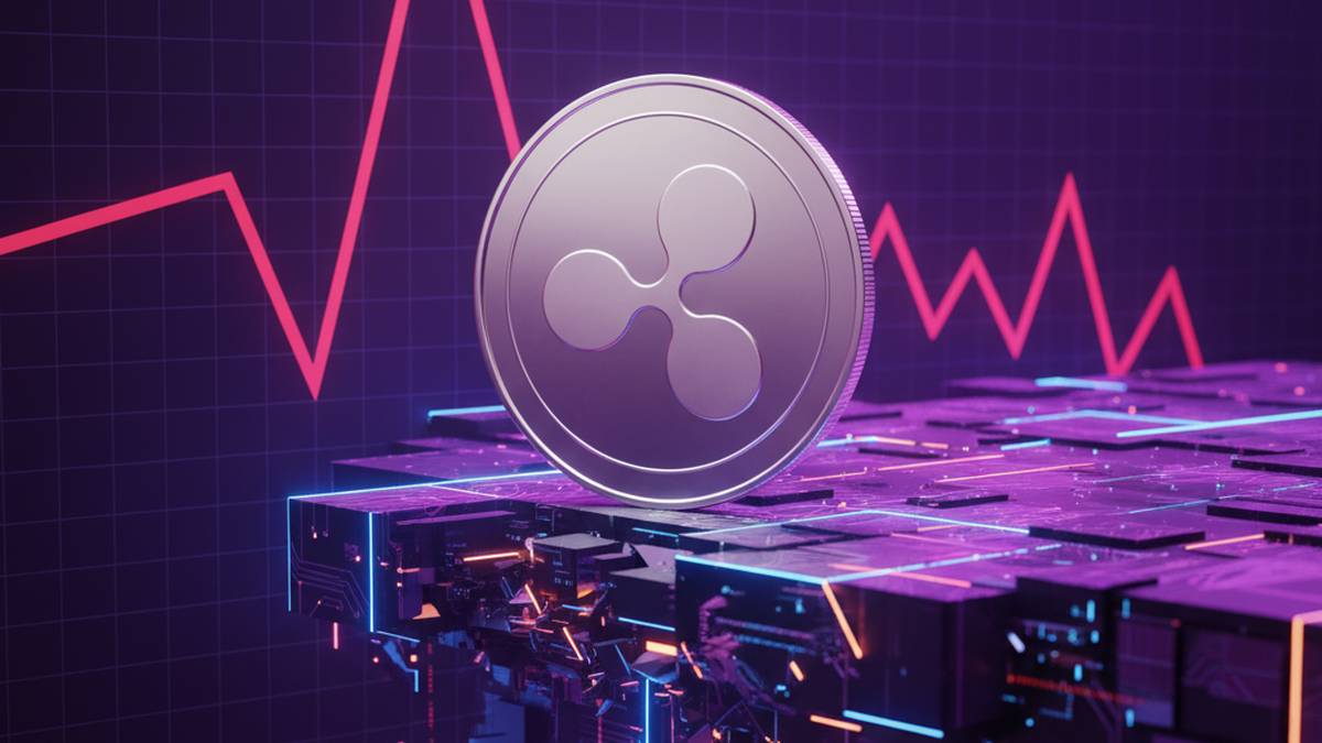 เหรียญ XRP กำลังร่วงหลุดแนวรับสำคัญ พร้อมกราฟราคาขาลงเป็นพื้นหลัง