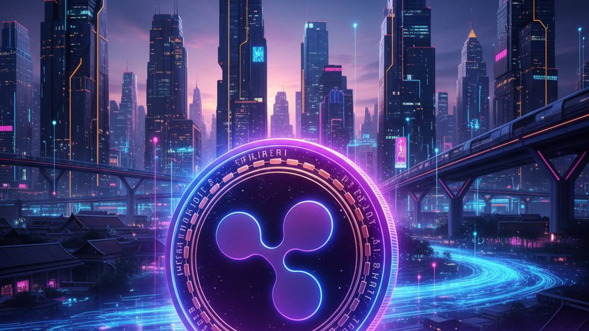 เหรียญ XRP เรืองแสงโดดเด่น โดยมีฉากหลังเป็นกรุงเทพฯ ในสไตล์โลกอนาคต