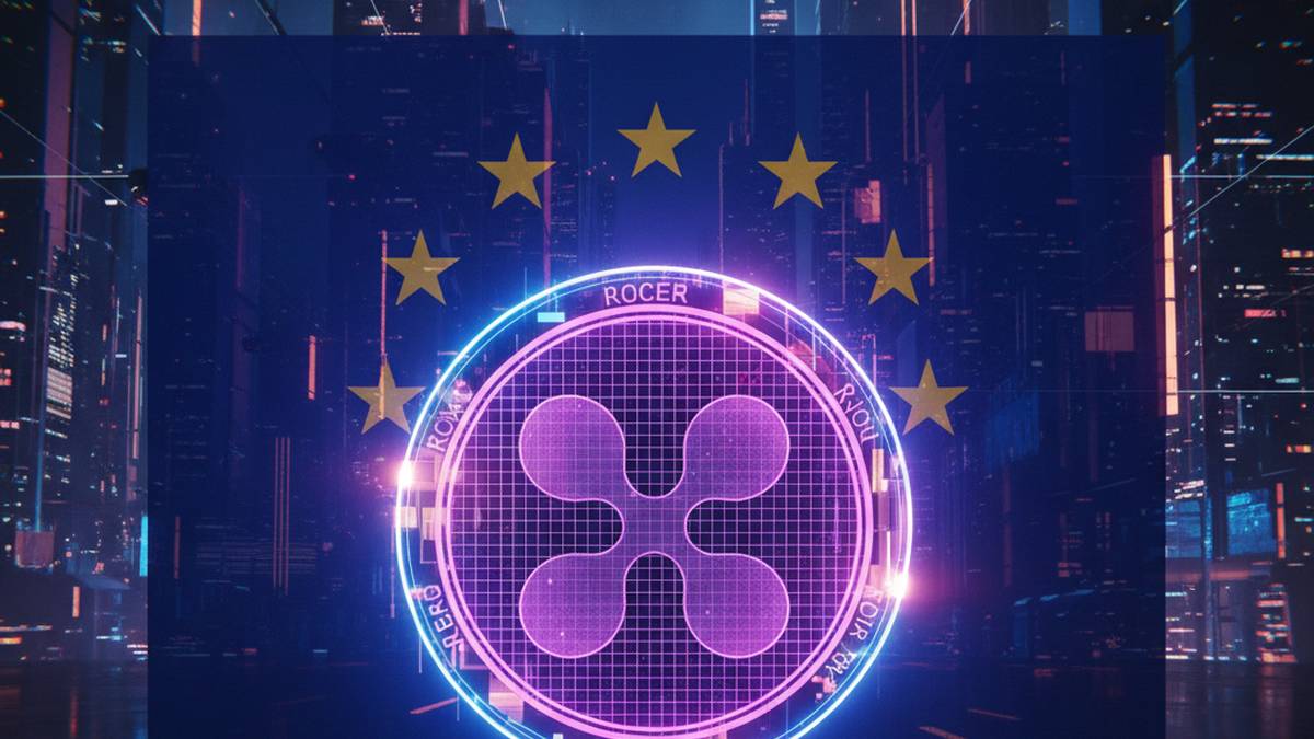 เหรียญ XRP เรืองแสงอยู่หน้าธงสหภาพยุโรป สะท้อนข่าวการร่วมมือพัฒนา Stablecoin