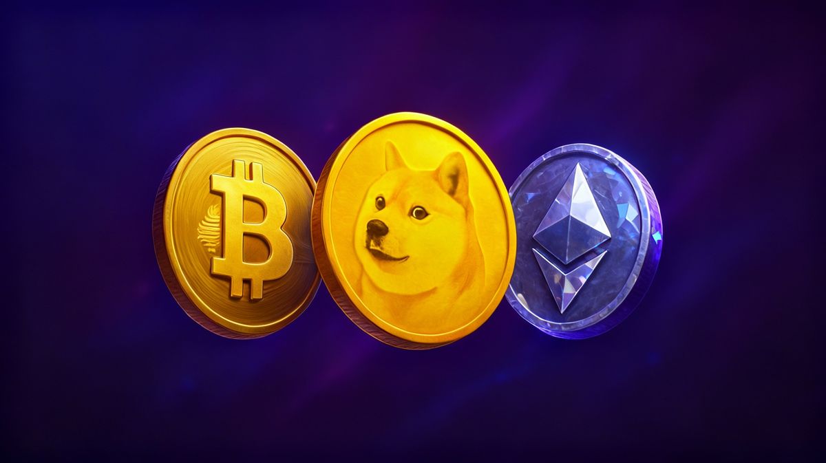 ภาพแสดงเหรียญคริปโต Bitcoin, Dogecoin และ Ethereum ในรูปแบบ 3D 24-09-2025