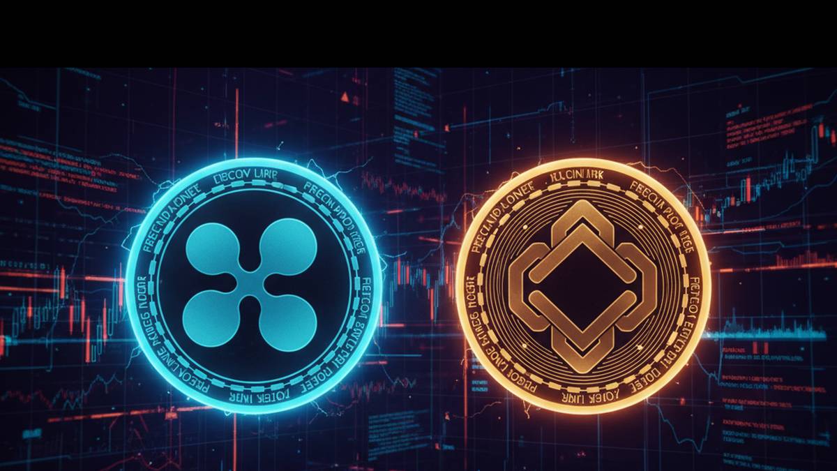 เหรียญ XRP และ Chainlink (LINK) วางคู่กันบนพื้นหลังกราฟราคาดิจิทัล