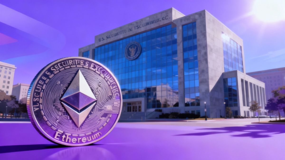 โลโก้ Ethereum โดดเด่นท่ามกลางอาคาร SEC ในเมือง 24-09-2025
