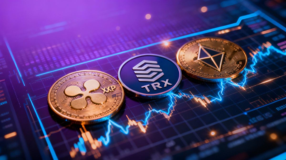 โลโก้ XRP, Solana และ Tron บนกราฟตลาดหุ้นที่ล้ำสมัย 25-09-2025