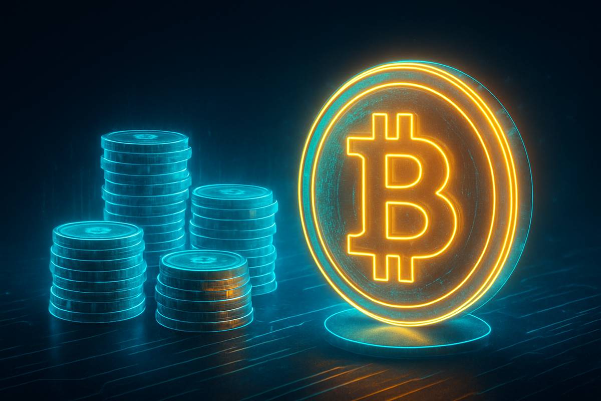 เหรียญ Bitcoin เรืองแสงสไตล์ไซเบอร์พังก์ พร้อมกองเหรียญดิจิทัล