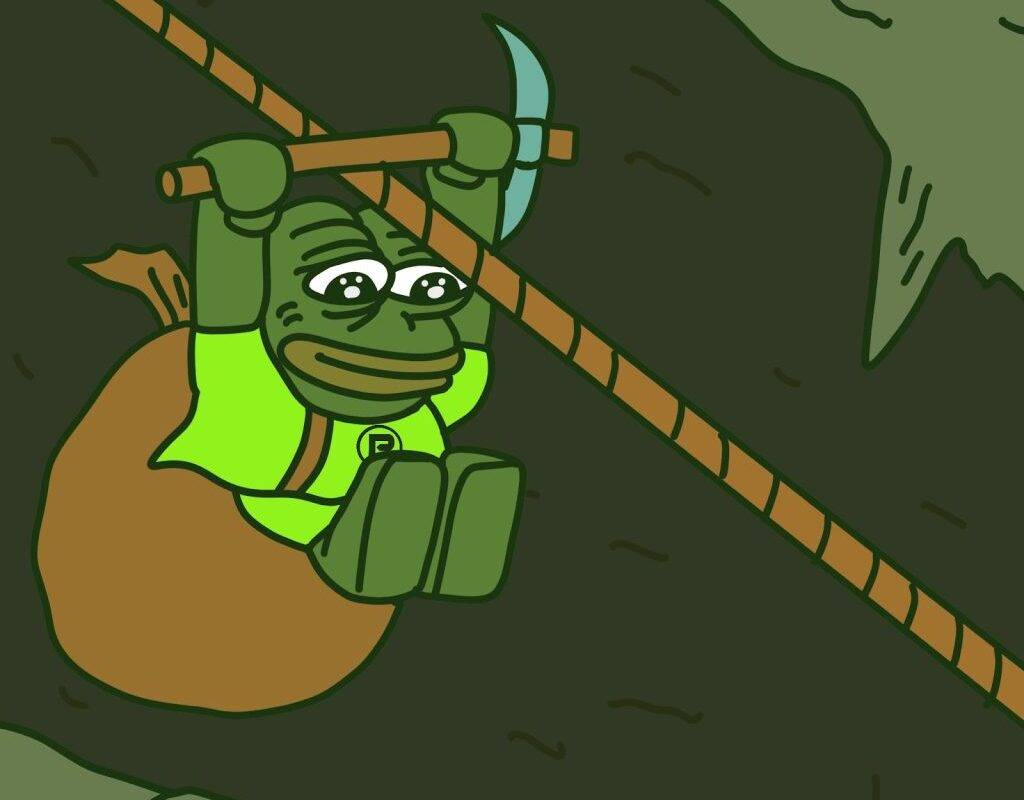 ตัวการ์ตูน PepeNode สวมชุดเหมืองขุดเหรียญคริปโต