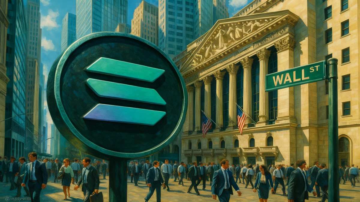เหรียญ Solana ที่โดดเด่นท่ามกลางบรรยากาศวอลล์สตรีทในยามเย็น 27-09-2025