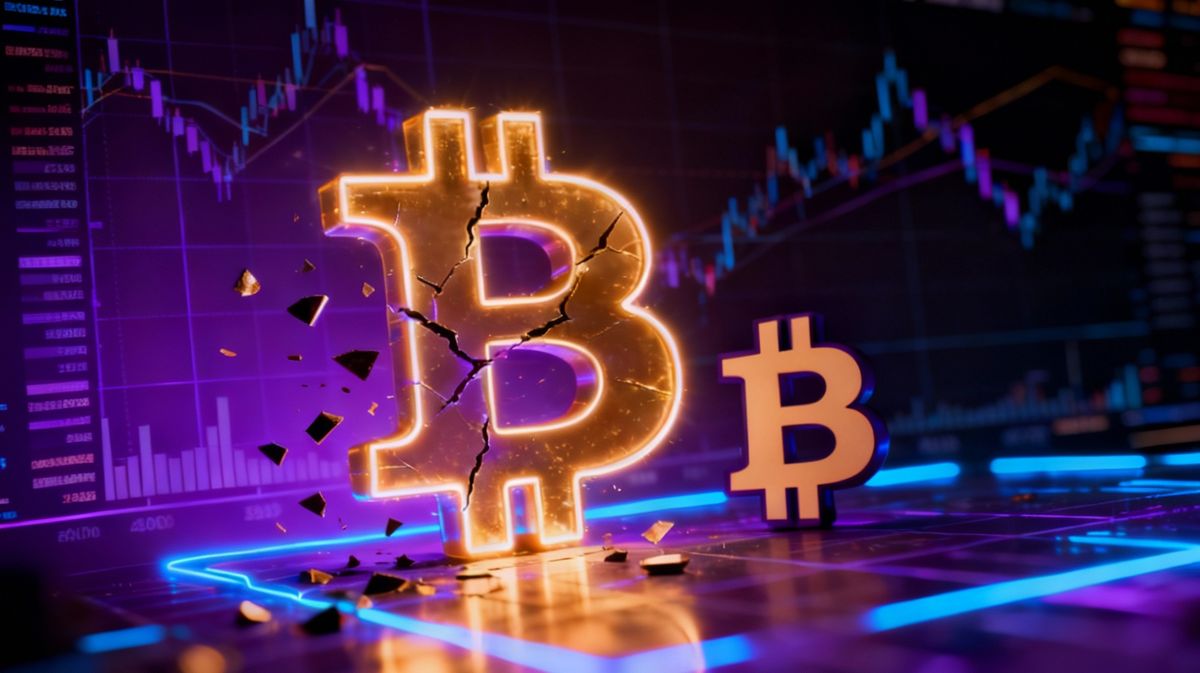 ภาพสัญลักษณ์บิตคอยน์ที่มีแสงสว่างและรอยแตกในพื้นหลังมืด 29-09-2025