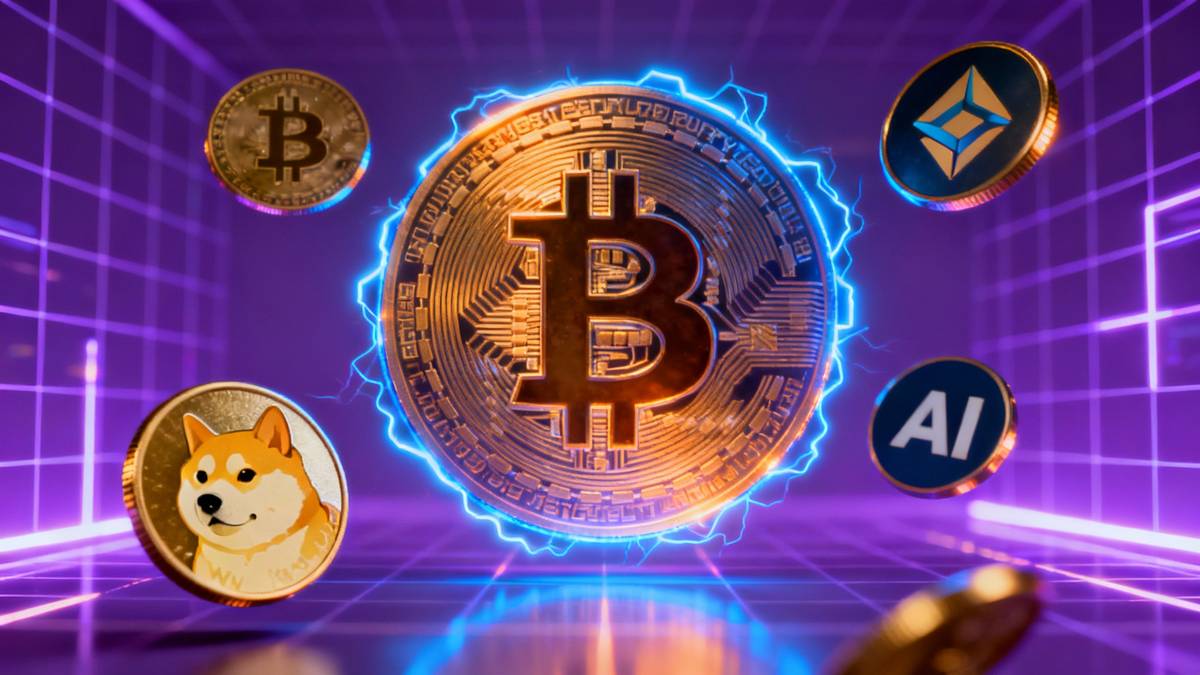 ภาพ Bitcoin ลุ้นแตะ $150,000 โดยมีเหรียญ Dogecoin, Solana และ AI ล้อมรอบ สะท้อนแนวโน้มตลาดคริปโต