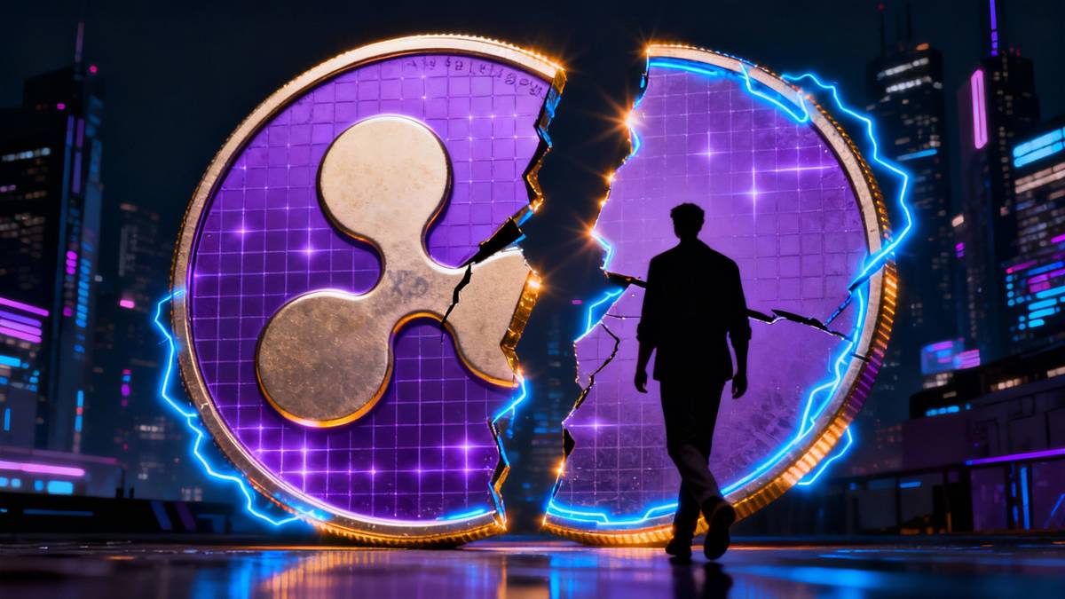 ภาพโลโก้เหรียญ XRP ที่แตกร้าว พร้อมกับเงาของ David Schwartz CTO ของ Ripple ที่กำลังเดินจากไป