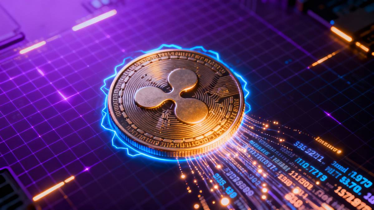 เหรียญ XRP เรืองแสงอยู่ตรงกลาง พร้อมข้อมูลทางการเงินที่ไหลเข้าหา เปรียบเสมือนการลงทุนจากสถาบัน
