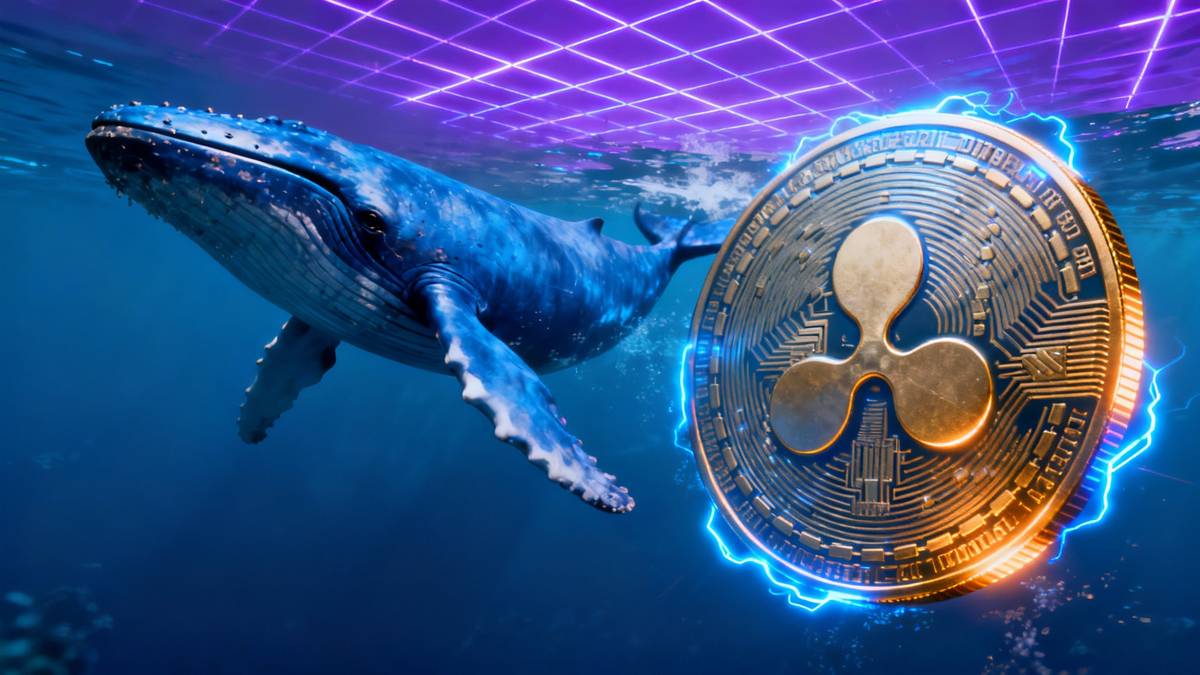 ภาพวาฬสีน้ำเงินขนาดใหญ่กำลังว่ายน้ำเข้าหาเหรียญ XRP ที่ส่องสว่าง