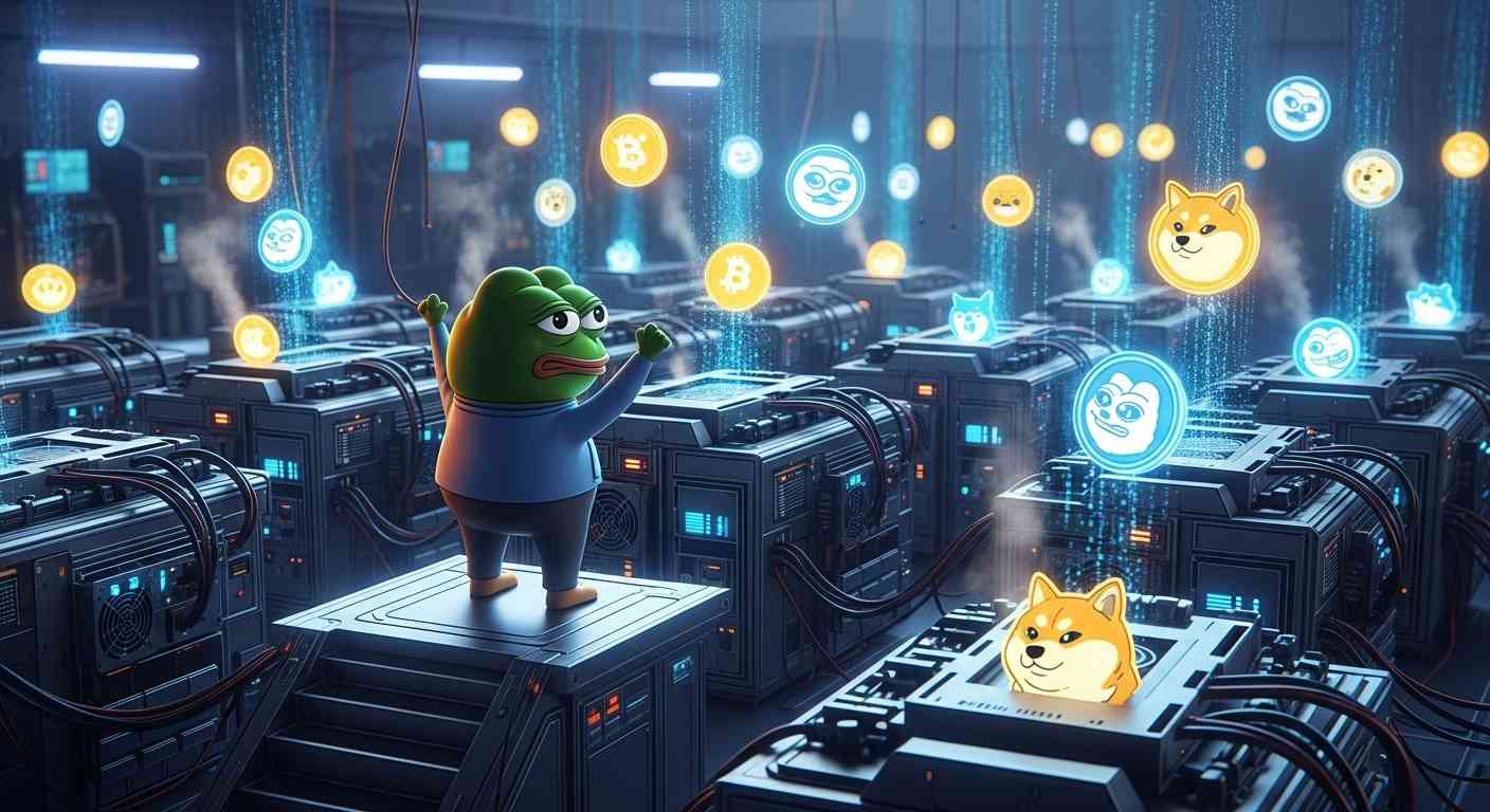 ภาพตัวละคร Pepe กับเครื่องขุดคริปโตและเหรียญดิจิทัล PepeNode แสดงถึงนวัตกรรม Mine-to-Earn ที่น่าลงทุน