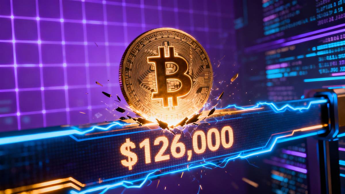 สัญลักษณ์ Bitcoin เรืองแสงพุ่งทะลุราคาสถิติใหม่ที่ 126,000 ดอลลาร์