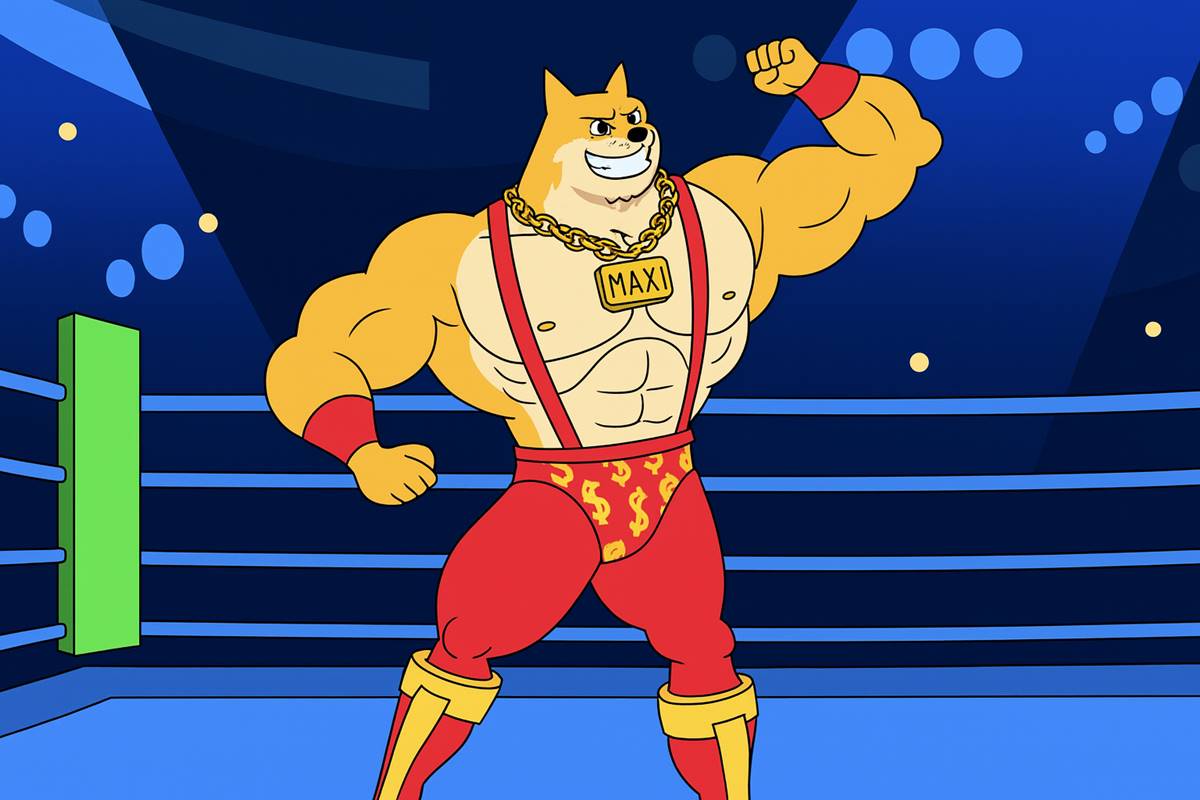 Maxi Doge นักสู้เหรียญมีมยืนโพสท่าในสังเวียนมวย