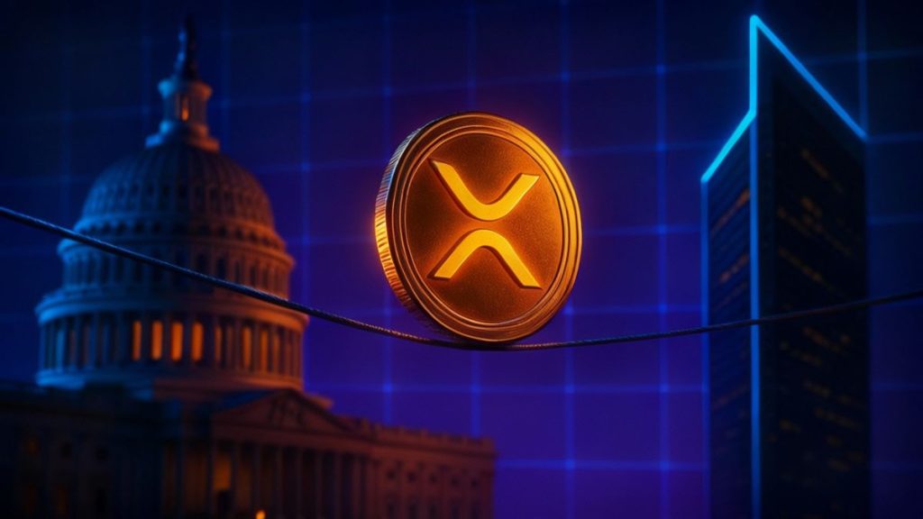 เหรียญ XRP ส่องแสงบนเชือกที่ตึงระหว่างอาคารรัฐสภาและตึกทันสมัย 09-10-2025
