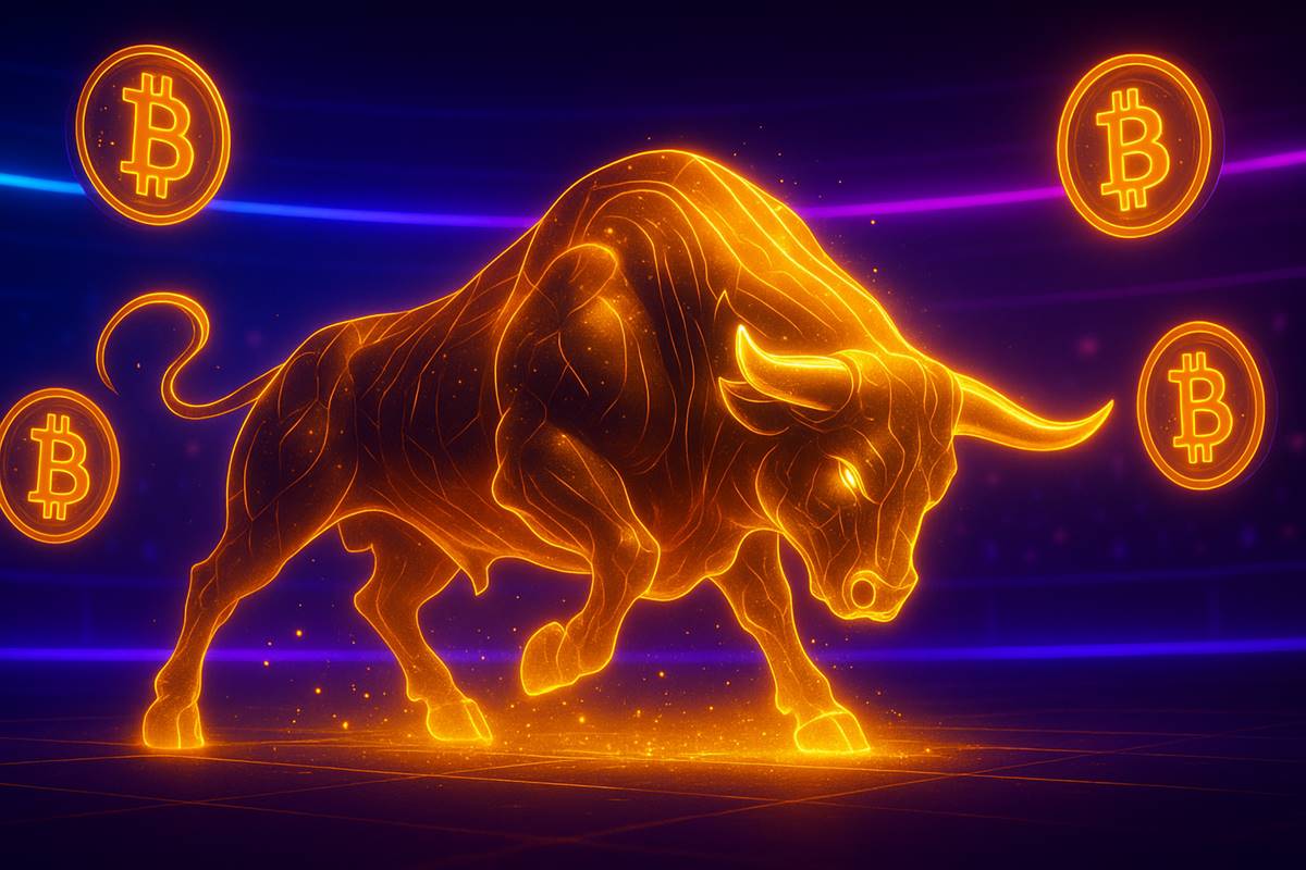 กระทิงทองพลังดิจิทัลล้อมด้วยสัญลักษณ์ Bitcoin เรืองแสง