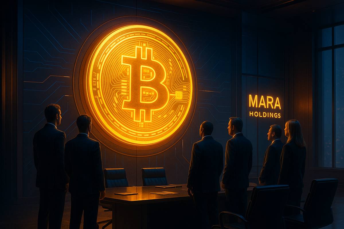 ผู้บริหาร MARA Holdings ยืนต่อหน้าโลโก้ Bitcoin เรืองแสง