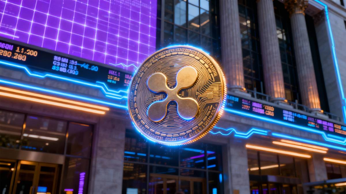 เหรียญ XRP ส่องสว่างหน้าอาคารตลาดหลักทรัพย์ สื่อถึงการยื่นขออนุมัติ XRP ETF