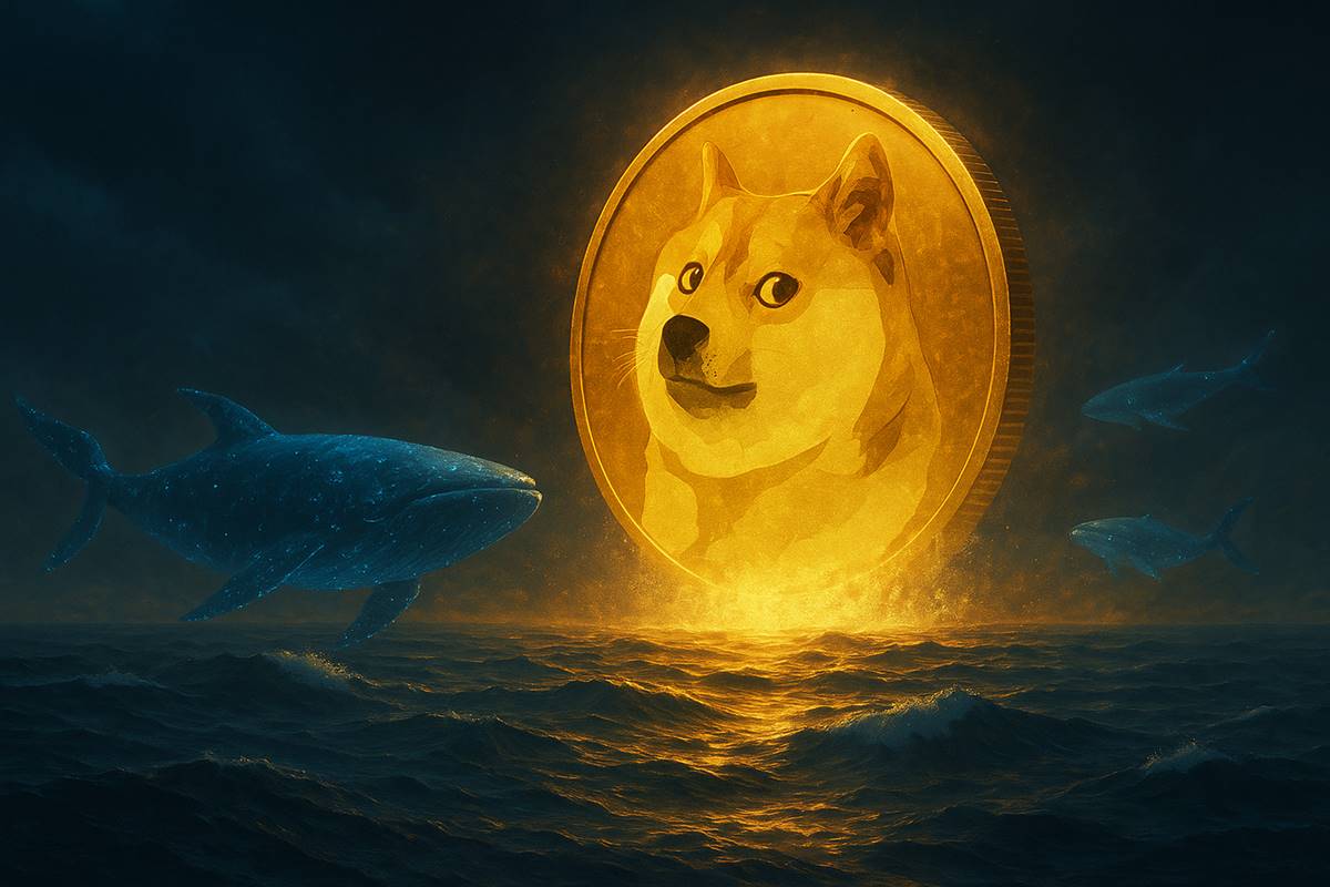Dogecoin เรืองแสงลอยขึ้นจากทะเลท่ามกลางฝูงวาฬดิจิทัล
