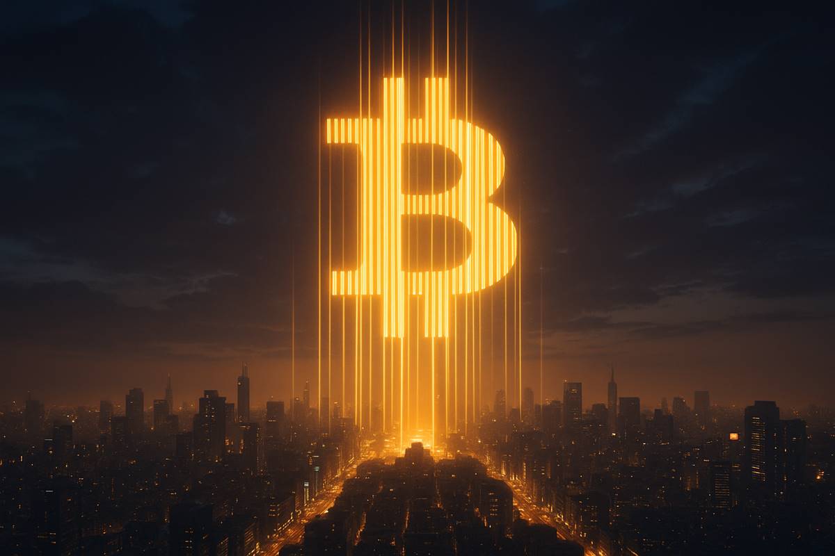 ลำแสงทองรูปโลโก้ Bitcoin พุ่งขึ้นเหนือเมืองอนาคต