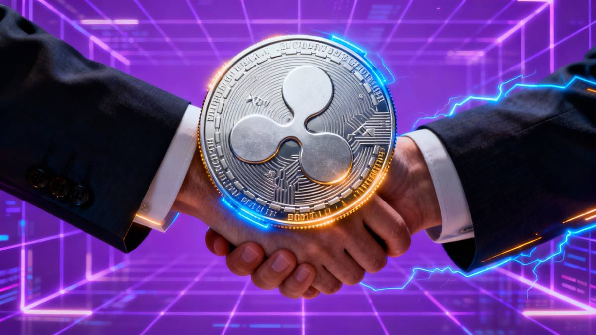 เหรียญ XRP วางอยู่บนมือของนักธุรกิจสองคนที่กำลังจับมือกัน สะท้อนถึงความร่วมมือระหว่าง Ripple และ Absa Bank