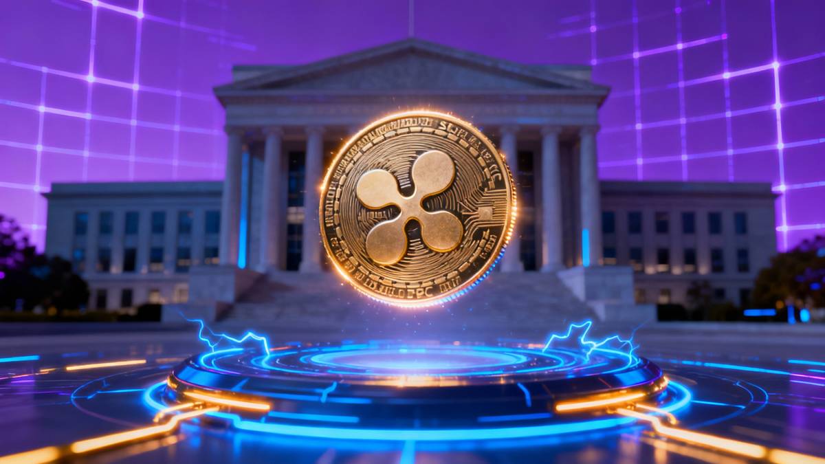 ภาพเหรียญ XRP เรืองแสงอยู่กลางภาพ โดยมีฉากหลังเป็นอาคารที่ทำการของ SEC สื่อถึงสัญญาณบวกด้านกฎระเบียบ