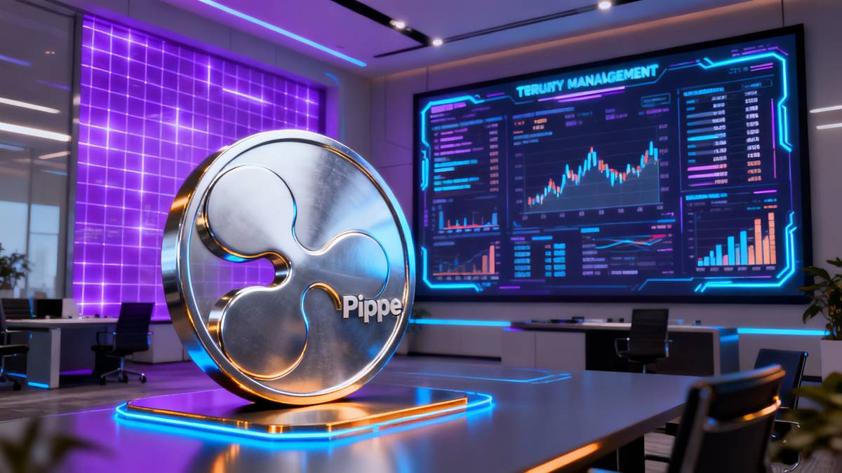 โลโก้ Ripple สีเงินขนาดใหญ่ในออฟฟิศทันสมัย พร้อมหน้าจอแสดงข้อมูลการเงินจาก GTreasury สะท้อนดีลซื้อกิจการครั้งสำคัญ