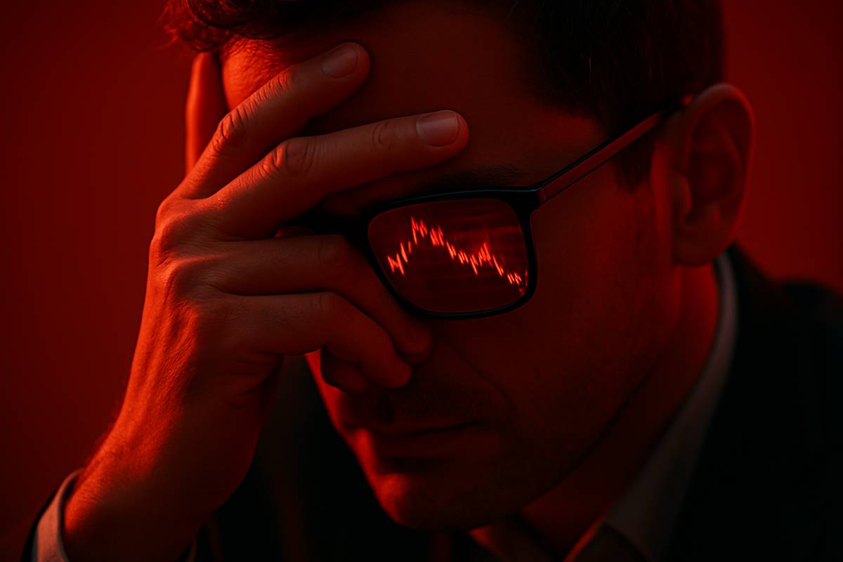 เทรดเดอร์เครียดสะท้อนกราฟร่วงสีแดงในแว่นตา