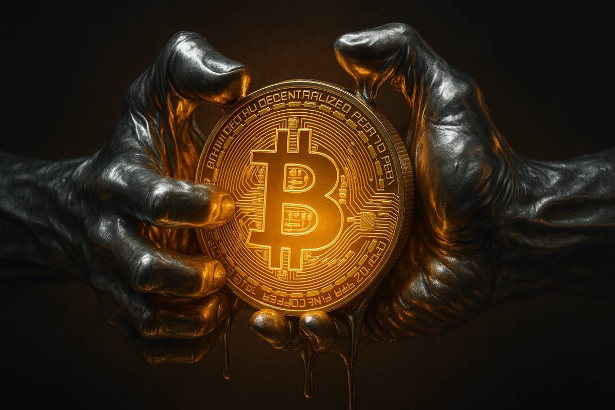 Bitcoin ถูกบีบด้วยมือโลหะสีเงิน