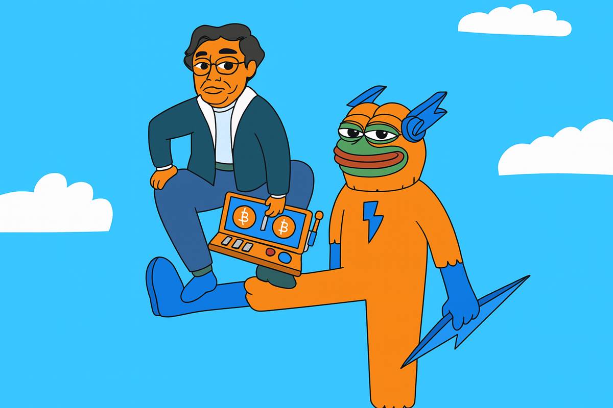 Pepe สายฟ้าช่วยนักพัฒนา Bitcoin ถือเครื่อง BTC กลางท้องฟ้า
